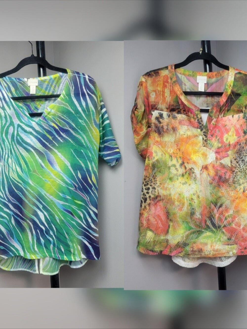 Chico's 2 Pieces Top Blouse Blue Orange Green Chiffon Sumer Abstract Multicolor - Picture 1 of 16
